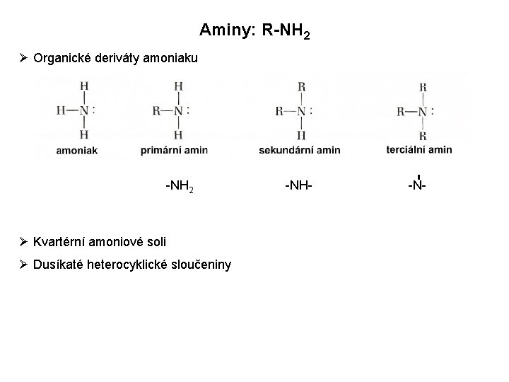 Aminy: R-NH 2 Ø Organické deriváty amoniaku -NH 2 Ø Kvartérní amoniové soli Ø