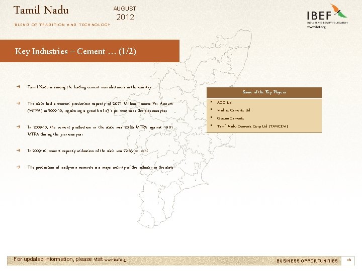 Tamil Nadu AUGUST 2012 BLEND OF TRADITION AND TECHNOLOGY Key Industries – Cement …