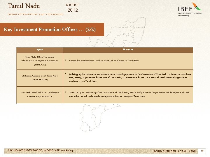 Tamil Nadu AUGUST 2012 BLEND OF TRADITION AND TECHNOLOGY Key Investment Promotion Offices …