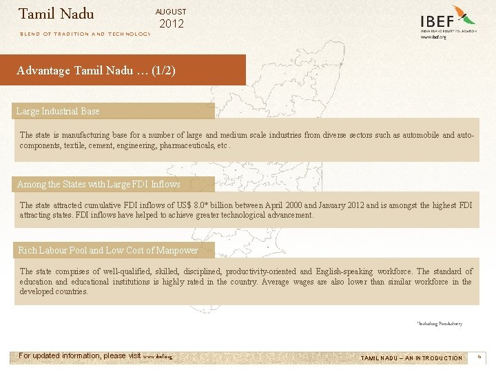 Tamil Nadu AUGUST 2012 BLEND OF TRADITION AND TECHNOLOGY Advantage Tamil Nadu … (1/2)