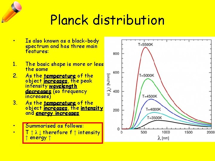 Planck distribution • Is also known as a black-body spectrum and has three main