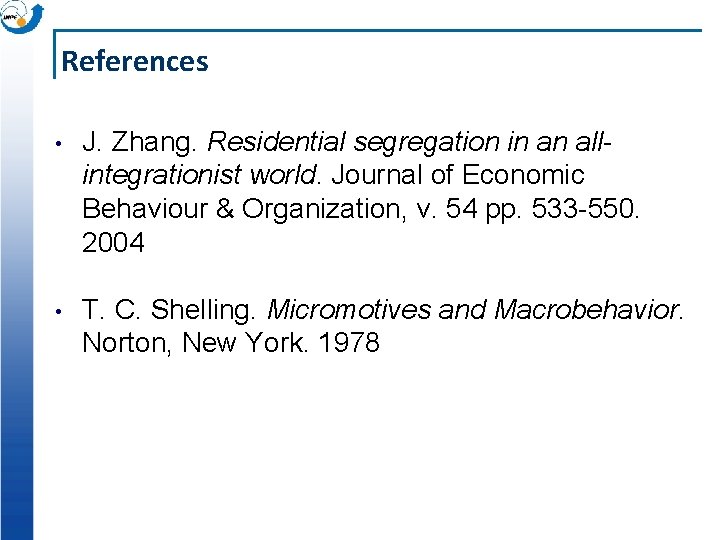 References • J. Zhang. Residential segregation in an allintegrationist world. Journal of Economic Behaviour