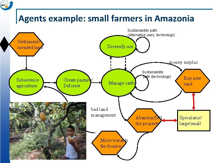 Agents example: small farmers in Amazonia Sustainability path (alternative uses, technology) Settlement/ invaded land