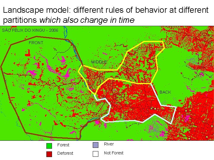 Landscape model: different rules of behavior at different partitions which also change in time