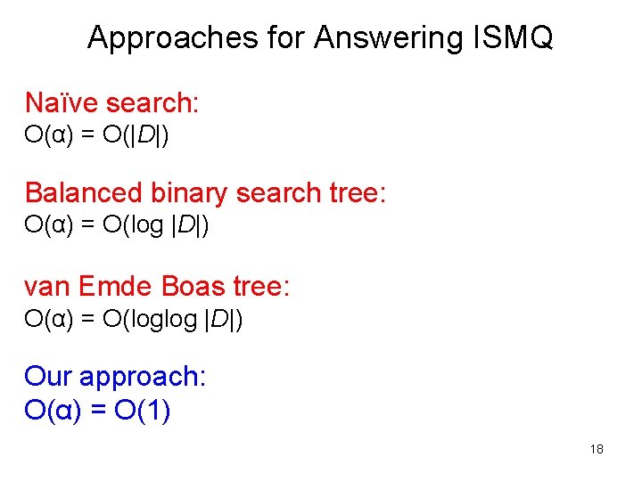 Approaches for Answering ISMQ Naïve search: O(α) = O(|D|) Balanced binary search tree: O(α)