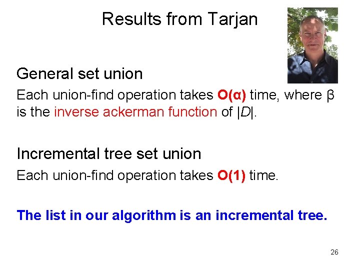 Results from Tarjan General set union Each union-find operation takes O(α) time, where β