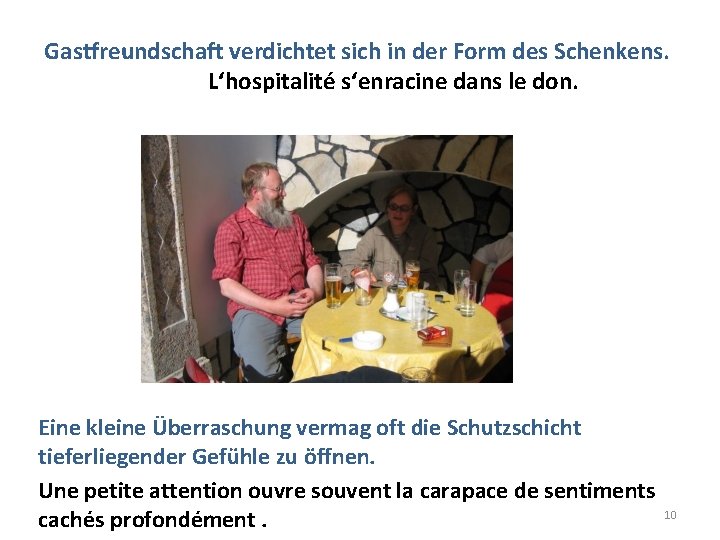 Gastfreundschaft verdichtet sich in der Form des Schenkens. L‘hospitalité s‘enracine dans le don. Eine