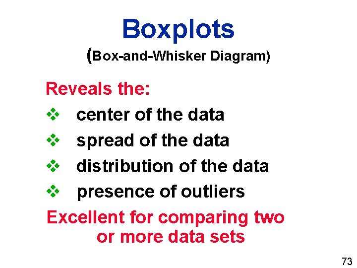 Boxplots (Box-and-Whisker Diagram) Reveals the: v center of the data v spread of the