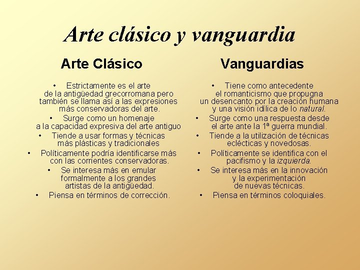 Arte clásico y vanguardia Arte Clásico • Estrictamente es el arte de la antigüedad