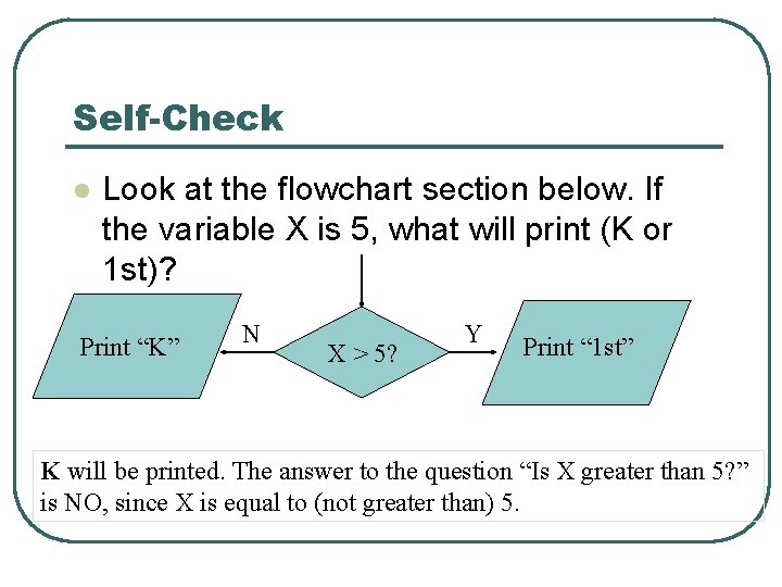 Self-Check l Look at the flowchart section below. If the variable X is 5,