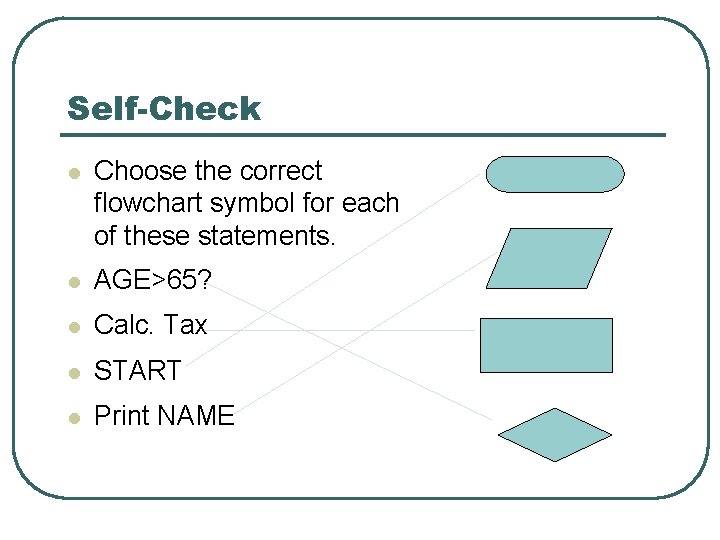 Self-Check l Choose the correct flowchart symbol for each of these statements. l AGE>65?