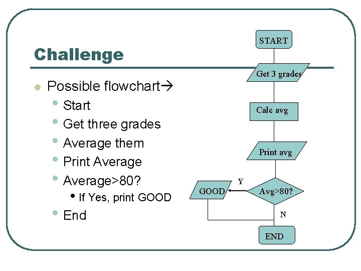 START Challenge l Get 3 grades Possible flowchart • Start • Get three grades