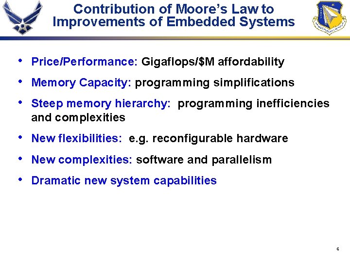 Contribution of Moore’s Law to Improvements of Embedded Systems • • • Price/Performance: Gigaflops/$M