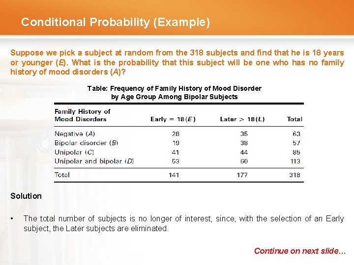 Conditional Probability (Example) Suppose we pick a subject at random from the 318 subjects