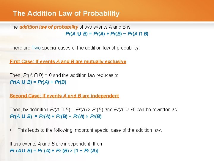 The Addition Law of Probability The addition law of probability of two events A