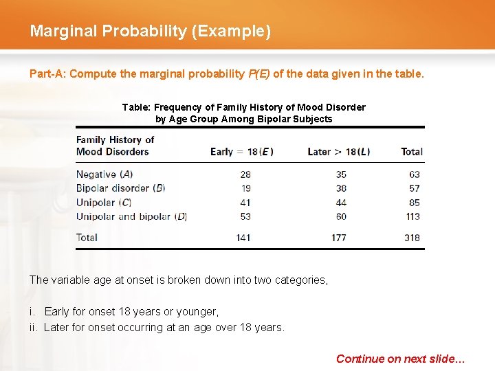 Marginal Probability (Example) Part-A: Compute the marginal probability P(E) of the data given in