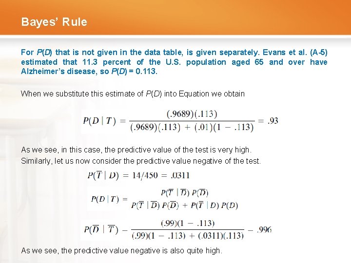 Bayes’ Rule For P(D) that is not given in the data table, is given