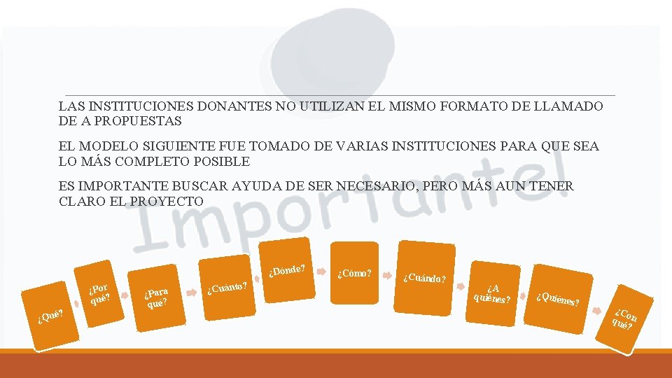 LAS INSTITUCIONES DONANTES NO UTILIZAN EL MISMO FORMATO DE LLAMADO DE A PROPUESTAS EL