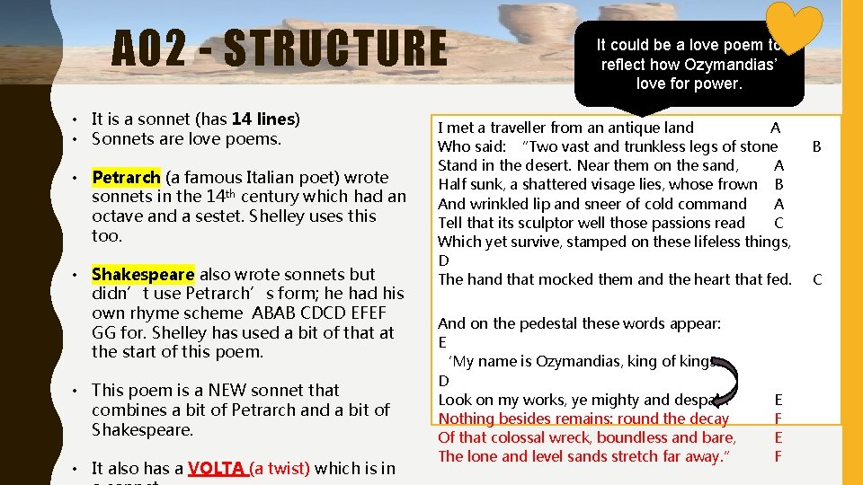 AO 2 - STRUCTURE • It is a sonnet (has 14 lines) • Sonnets