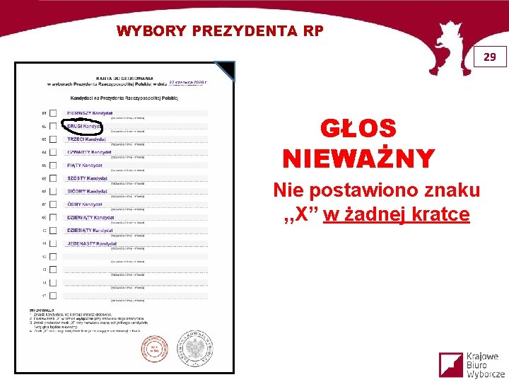 WYBORY PREZYDENTA RP 29 GŁOS NIEWAŻNY Nie postawiono znaku , , X” w żadnej