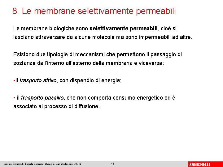 8. Le membrane selettivamente permeabili Le membrane biologiche sono selettivamente permeabili, cioè si lasciano