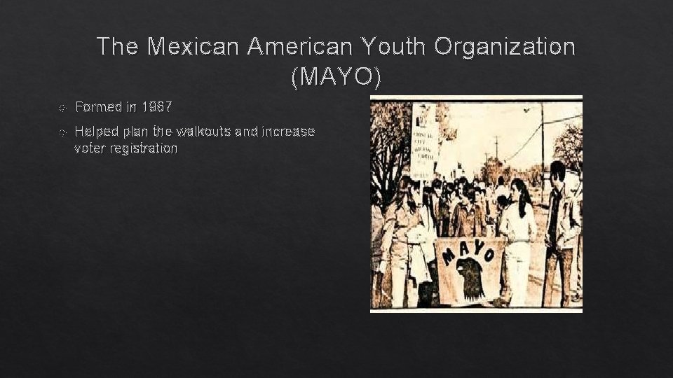 The Mexican American Youth Organization (MAYO) Formed in 1967 Helped plan the walkouts and