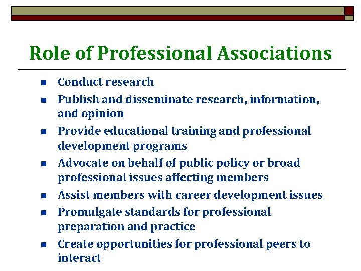 Role of Professional Associations n n n n Conduct research Publish and disseminate research,