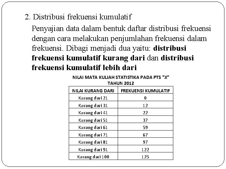 2. Distribusi frekuensi kumulatif Penyajian data dalam bentuk daftar distribusi frekuensi dengan cara melakukan