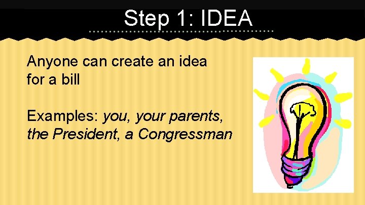 Step 1: IDEA Anyone can create an idea for a bill Examples: you, your