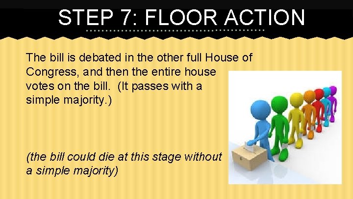 STEP 7: FLOOR ACTION The bill is debated in the other full House of