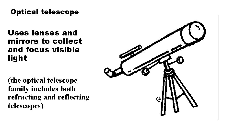 Optical telescope Uses lenses and mirrors to collect and focus visible light (the optical