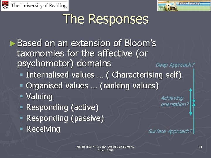 The Responses ► Based on an extension of Bloom’s taxonomies for the affective (or