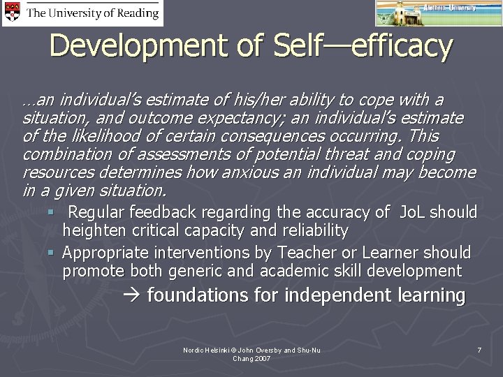 Development of Self—efficacy …an individual’s estimate of his/her ability to cope with a situation,