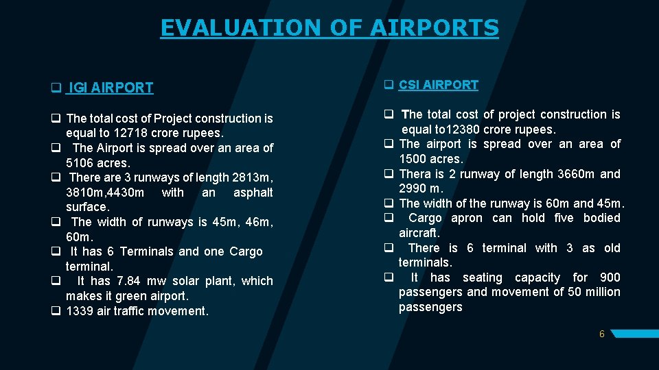 EVALUATION OF AIRPORTS q IGI AIRPORT q CSI AIRPORT q The total cost of