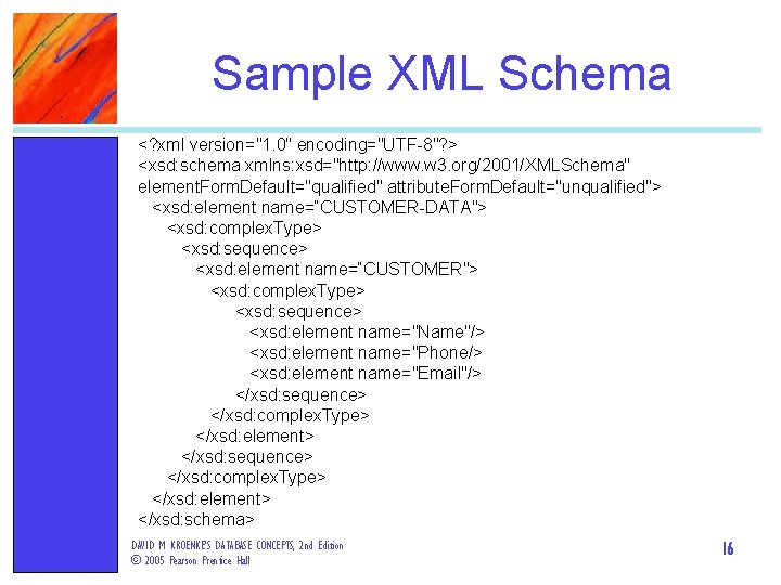 Sample XML Schema <? xml version="1. 0" encoding="UTF-8"? > <xsd: schema xmlns: xsd="http: //www.