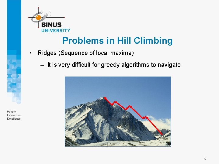 Problems in Hill Climbing • Ridges (Sequence of local maxima) – It is very