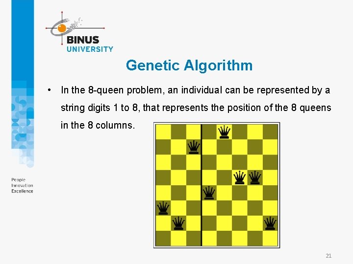 Genetic Algorithm • In the 8 -queen problem, an individual can be represented by