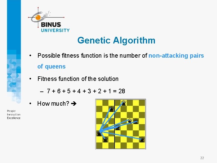 Genetic Algorithm • Possible fitness function is the number of non-attacking pairs of queens