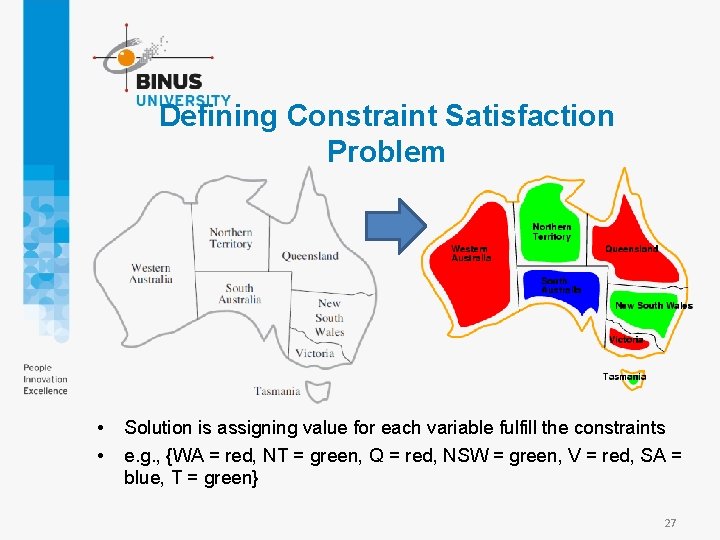 Defining Constraint Satisfaction Problem • • Solution is assigning value for each variable fulfill