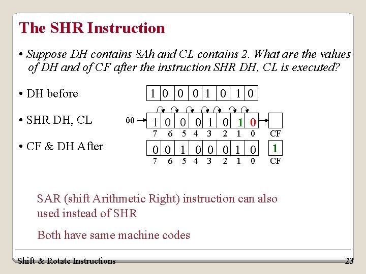 The SHR Instruction • Suppose DH contains 8 Ah and CL contains 2. What