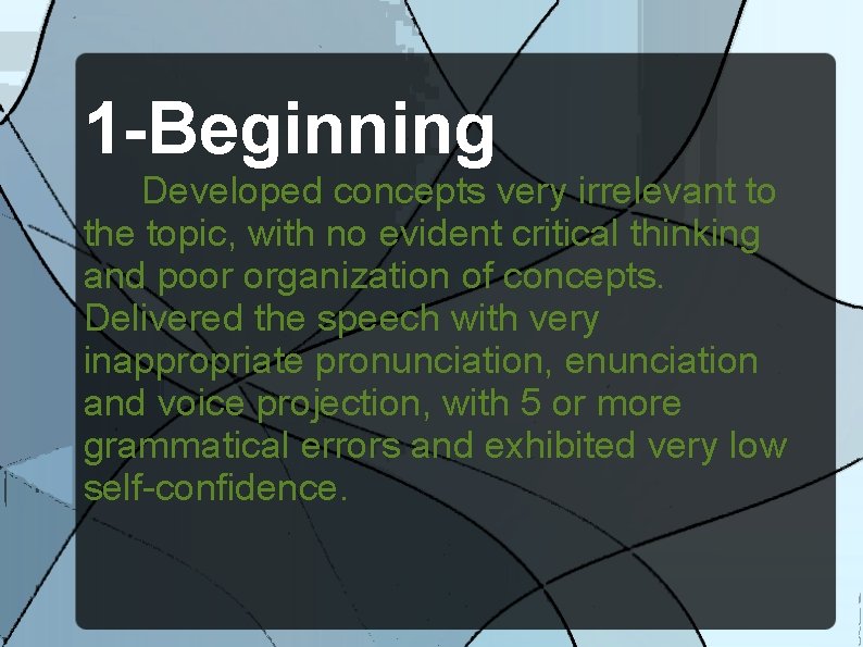 1 -Beginning Developed concepts very irrelevant to the topic, with no evident critical thinking
