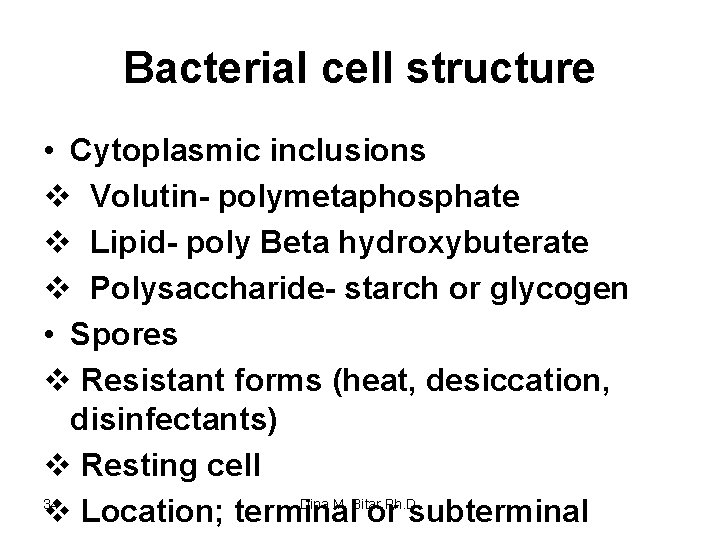Bacterial cell structure • Cytoplasmic inclusions v Volutin- polymetaphosphate v Lipid- poly Beta hydroxybuterate