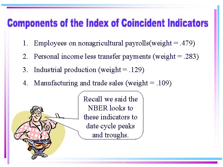 1. Employees on nonagricultural payrolls(weight =. 479) 2. Personal income less transfer payments (weight