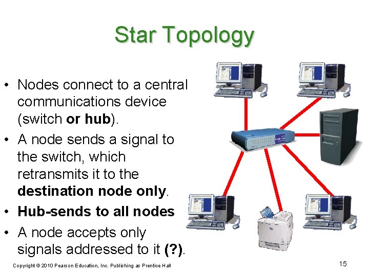 Star Topology • Nodes connect to a central communications device (switch or hub). •