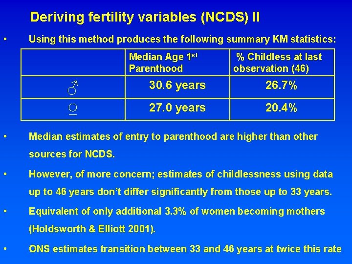 Deriving fertility variables (NCDS) II • Using this method produces the following summary KM