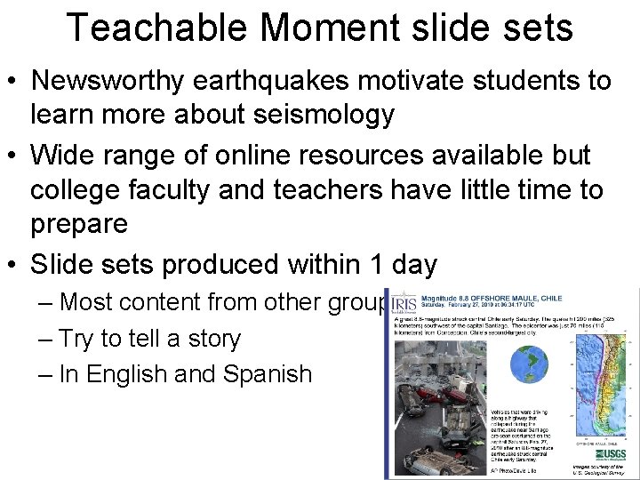Teachable Moment slide sets • Newsworthy earthquakes motivate students to learn more about seismology