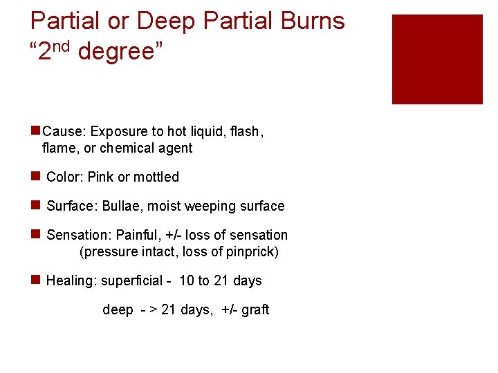 Partial or Deep Partial Burns “ 2 nd degree” n Cause: Exposure to hot