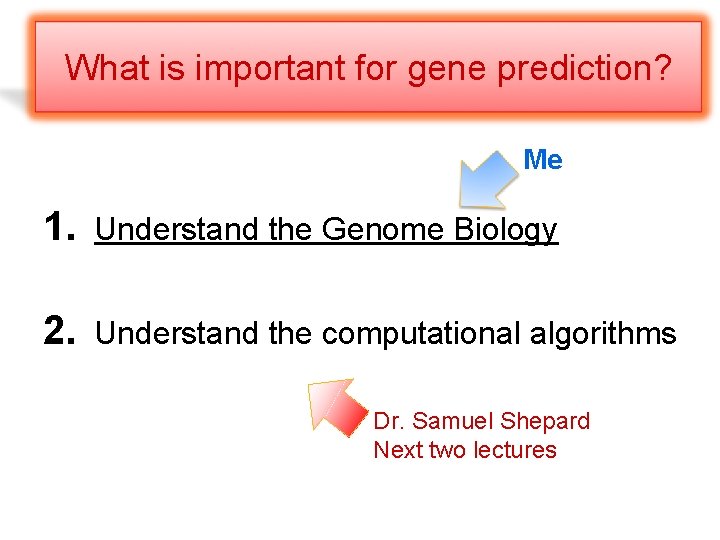 What is important for gene prediction? Me 1. Understand the Genome Biology 2. Understand