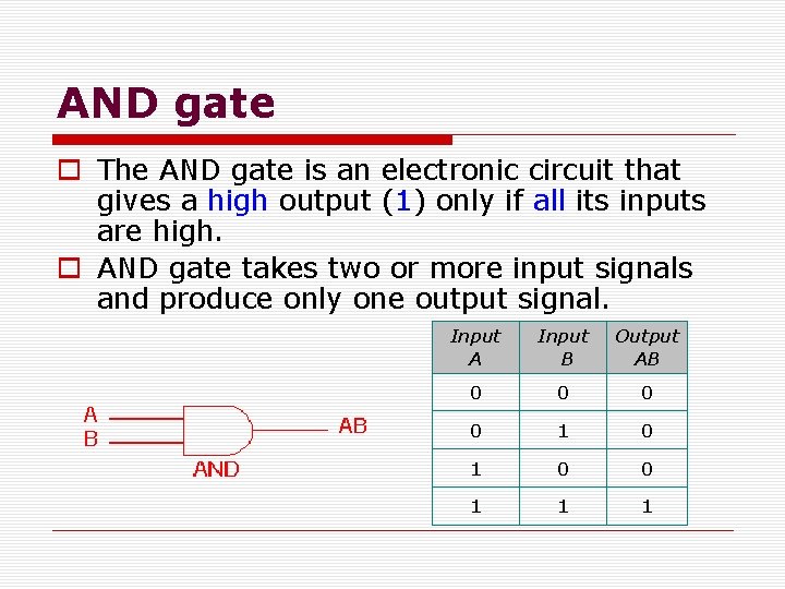 AND gate o The AND gate is an electronic circuit that gives a high