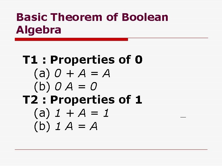 Basic Theorem of Boolean Algebra T 1 : Properties of 0 (a) 0 +
